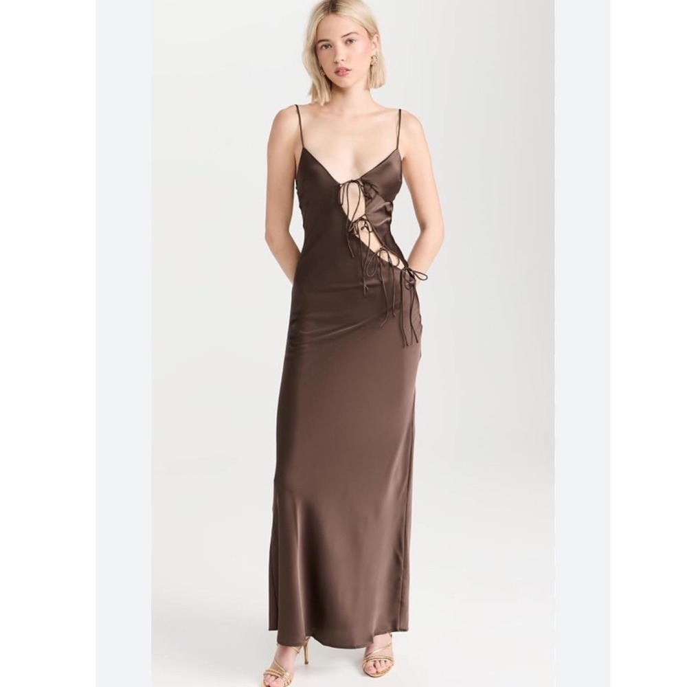 Lioness about a girl Maxi Dress sz S Chocolate Brown Satin Cutout Tie Front Slip